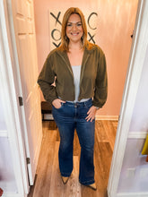 Load image into Gallery viewer, Cropped Olive Zip Up Drawstring Jacket