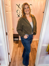 Load image into Gallery viewer, Cropped Olive Zip Up Drawstring Jacket