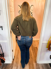 Load image into Gallery viewer, Cropped Olive Zip Up Drawstring Jacket