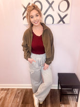 Load image into Gallery viewer, Cropped Olive Zip Up Drawstring Jacket