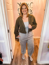 Load image into Gallery viewer, Cropped Olive Zip Up Drawstring Jacket