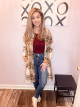 Load image into Gallery viewer, Long Brown Plaid Button Down Shacket