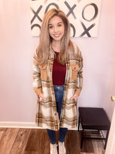 Load image into Gallery viewer, Long Brown Plaid Button Down Shacket