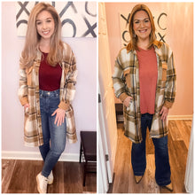 Load image into Gallery viewer, Long Brown Plaid Button Down Shacket
