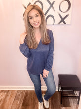 Load image into Gallery viewer, Navy Triple Lined Design V Neck Top (Sizes: S-2XL)