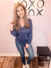 Load image into Gallery viewer, Navy Triple Lined Design V Neck Top (Sizes: S-2XL)