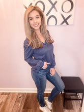 Load image into Gallery viewer, Navy Triple Lined Design V Neck Top (Sizes: S-2XL)