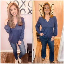 Load image into Gallery viewer, Navy Triple Lined Design V Neck Top (Sizes: S-2XL)