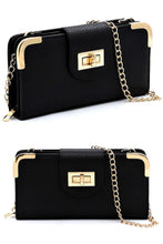 Load image into Gallery viewer, Black & Gold Turn Lock Wallet Detachable Chain Crossbody
