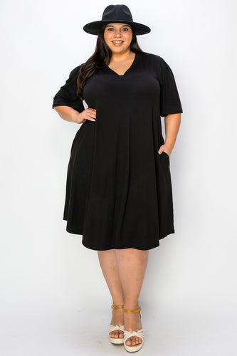 (Sizes: 3XL-5XL) Plus Size Black V Neck Dress With Wide Sleeves 