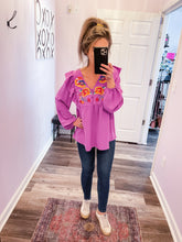 Load image into Gallery viewer, Purple Embroidered Floral Ruffled Long Sleeve Top (Sizes: S-3XL)
