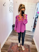 Load image into Gallery viewer, Purple Embroidered Floral Ruffled Long Sleeve Top (Sizes: S-3XL)