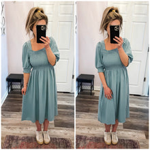 Load image into Gallery viewer, Mineral Blue Smocked Midi Dress