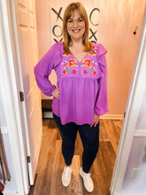 Load image into Gallery viewer, Purple Embroidered Floral Ruffled Long Sleeve Top (Sizes: S-3XL)