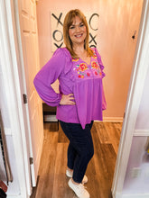 Load image into Gallery viewer, Purple Embroidered Floral Ruffled Long Sleeve Top (Sizes: S-3XL)