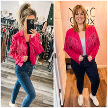 Load image into Gallery viewer, Pink Faux Suede Fringe Cropped Jacket (Sizes: S-3XL)