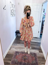 Load image into Gallery viewer, Taupe With Pink & Orange Leaf Print Smocked Waist Long Sleeve Dress (Sizes: S-3XL)