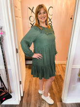 Load image into Gallery viewer, Plus Size Green Crochet Lace Neckline Tiered Long Sleeve Dress