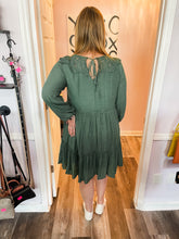 Load image into Gallery viewer, Plus Size Green Crochet Lace Neckline Tiered Long Sleeve Dress