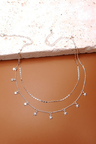 Silver Colored Double Layer Star Necklace