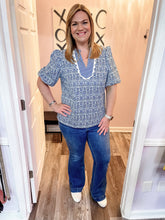 Load image into Gallery viewer, Blue & White Mixed Print With Ric Rac Trim Top