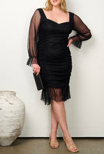 Load image into Gallery viewer, Plus Size Black Long Sleeve Mesh & Ruched Dress