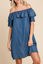 Load image into Gallery viewer, Dark Wash Chambray Dress (On OR Off Shoulder Dress)