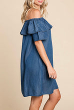 Load image into Gallery viewer, Dark Wash Chambray Dress (On OR Off Shoulder Dress)