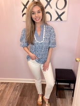 Load image into Gallery viewer, Blue & White Mixed Print With Ric Rac Trim Top