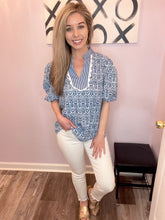 Load image into Gallery viewer, Blue & White Mixed Print With Ric Rac Trim Top