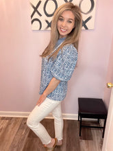 Load image into Gallery viewer, Blue & White Mixed Print With Ric Rac Trim Top