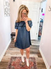 Load image into Gallery viewer, Dark Wash Chambray Dress (On OR Off Shoulder Dress)