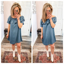 Load image into Gallery viewer, Medium Wash Chambray Dress (On OR Off Shoulder Dress)