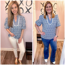 Load image into Gallery viewer, Blue & White Mixed Print With Ric Rac Trim Top