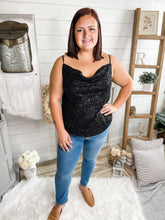 Load image into Gallery viewer, Plus Size Black Sequin Cowl Neck Tank Top
