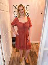 Load image into Gallery viewer, Plus Size Rust Swiss Dot Smocked Dress