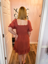 Load image into Gallery viewer, Plus Size Rust Swiss Dot Smocked Dress