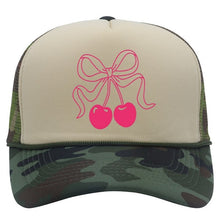 Load image into Gallery viewer, Camo & Beige Trucker Hat With Pink Cherry Bow