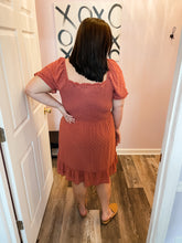 Load image into Gallery viewer, Plus Size Rust Swiss Dot Smocked Dress