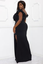 Load image into Gallery viewer, Plus Size Black Ruffle Bust Side Slit Dress