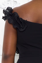 Load image into Gallery viewer, Plus Size Black Ruffle Bust Side Slit Dress
