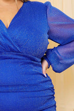 Load image into Gallery viewer, Plus Size Royal Blue Glitter Mesh Ruching Dress