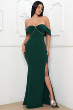 Load image into Gallery viewer, Hunter Green Pleated Off The Shoulder Rhinestone Trim Dress