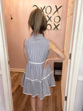 Load image into Gallery viewer, Blue Seersucker Inspired With White Ric Rac Trim Dress