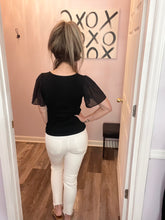 Load image into Gallery viewer, Black Mesh Ruffled Sleeve Ribbed V Neck Top