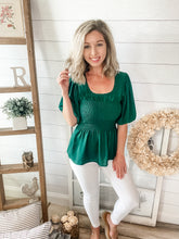 Load image into Gallery viewer, Hunter Green Smocked Peplum Top