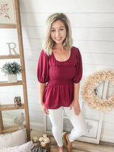 Load image into Gallery viewer, Burgundy Smocked Peplum Top