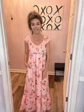 Load image into Gallery viewer, Pink Floral V Neck Maxi Dress