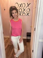 Load image into Gallery viewer, Pink With Orange & White Trim Pearl Embellished Knit Top