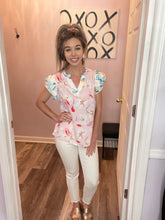 Load image into Gallery viewer, Multi-Colored Floral Frill Sleeve V Neck Top